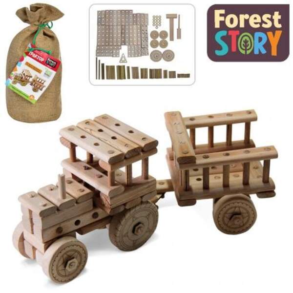 Дерев'яна іграшка Конструктор FS 07 (6шт) трактор,молоток,блоки,колеса,мішок(на зав'язці),17-27-17см (шт.)