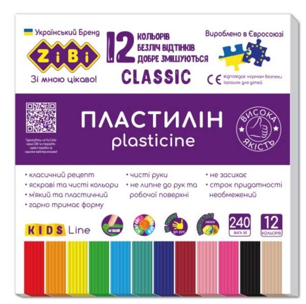 Пластилін CLASSIC 12 кольорів, 240г, KIDS Line ZB.6233 ( 1/20шт) (шт.)