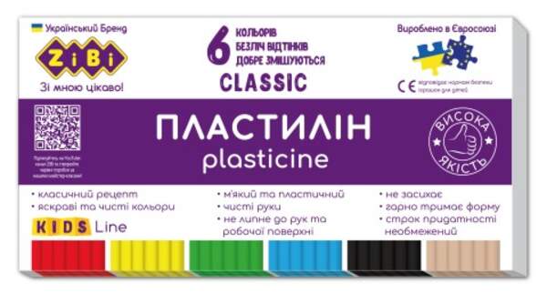 Пластилін CLASSIC 6 кольорів, 120г, KIDS Line ZB.6230 (1/40шт) (шт.)