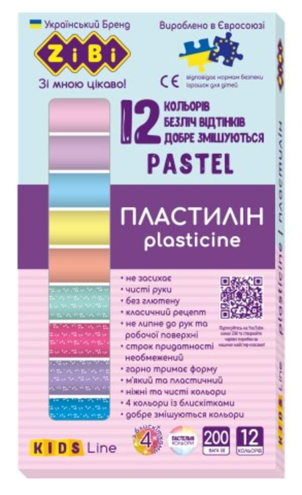 Пластилін PASTEL 12 кольорів, 200г (8 пастель + 4 глітер), KIDS Line ZB.6240 (1/24шт) (шт.)