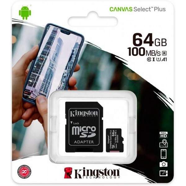 micro SD 64GB KINGSTON Canvas Select Plus class 10 + адаптер (R100Mb/s) SDCS2/64GB (шт.)
