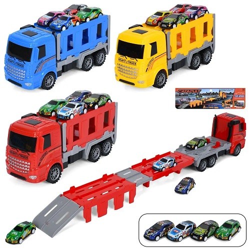 Трейлер 2090 (48шт) інерція, 24см, 2в1 (трек, 65см, запуск), машинка 7см, 4шт, мікс видів, у пакеті, (шт)