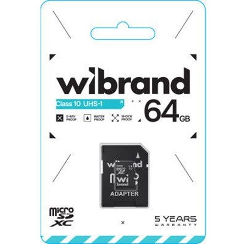 Карта пам*яті microSDHC (UHS-1) Wibrand 64 GB class 10 A1 R-100Mb/s +(adapter SD) WICDXU164GB-A (шт)