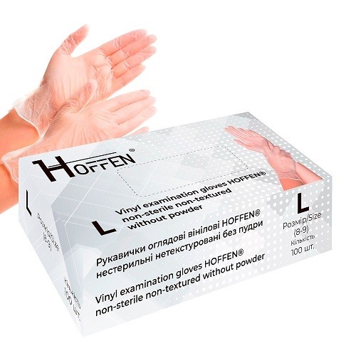 Рукавички вінілові L Hoffen 5.0г нестерильні нетекстуровані б/п 50пар/уп HFN-15402L (15404)(10уп) (шт)