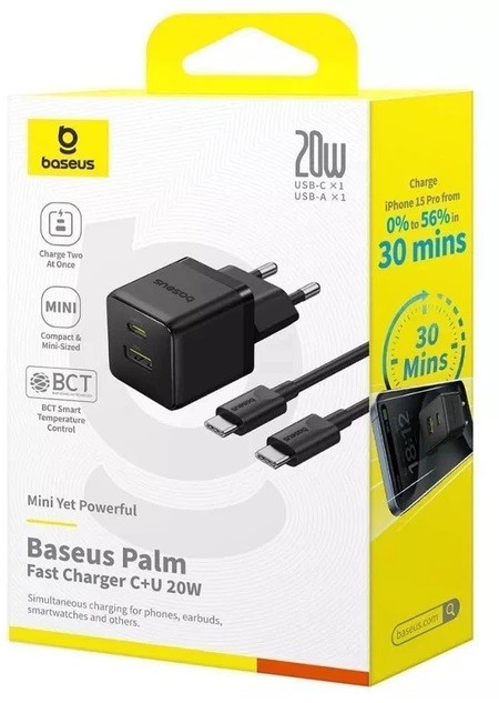 МЗП Baseus Palm Fast Charger 20W C+U Black Type-C to Type-C cable (P10111608113-01) (шт)