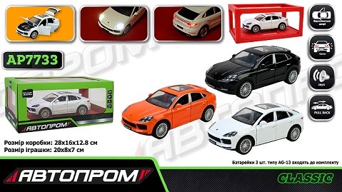 Машина мет. АВТОПРОМ арт. AP7733 (12шт/2) 1:24 Porsche cayenne, батар,світло,звук,відкр.двері,короб. (шт)