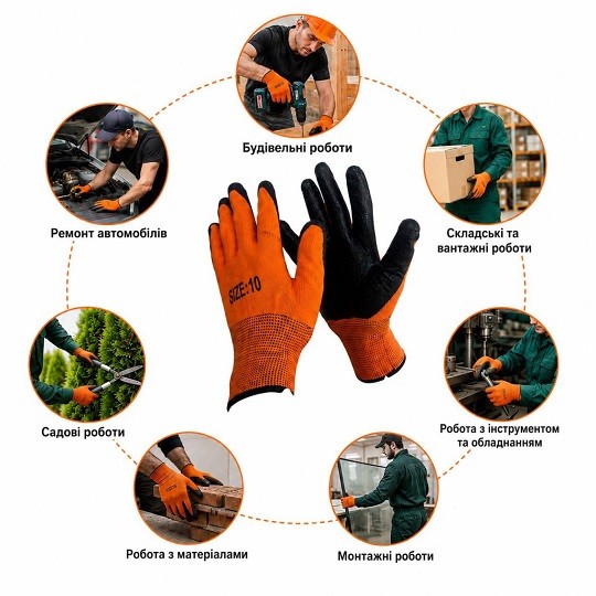 Рукавиці №Т-505 помаранчеві,  розмір size10, 12шт в упак (720) (шт)