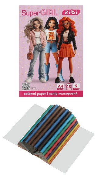 Папір кольоровий SUPER GIRL, А4, 18 аркушів, 9 кольорів, 45 г/м2, KIDS Line ZB.1900-10 (1/40) (шт)