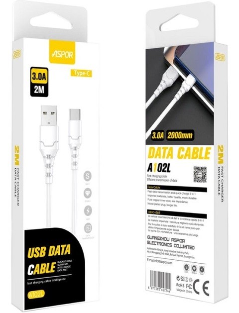 USB кабель Aspor A102L Type-C Fast Charge 3A/2M - білий (шт)