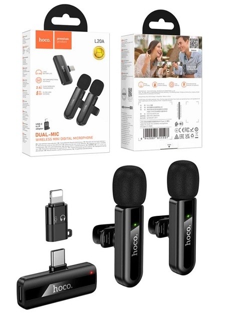 Мікрофон петличний Hoco L20A Fair dual-mic wireless microphone (iP/Type-C) black (шт)