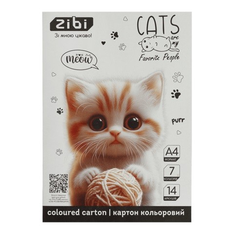 Картон кольоровий CATS&DOGS, А4, 7 кольорів - 14 аркушів, 230 г/м2, KIDS Line ZB.1951-22 (1/20) (шт)