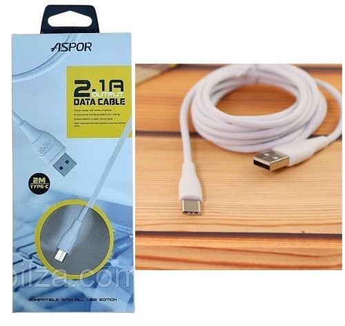 USB кабель Aspor AC-03 Plus Type-C 2.1A/2м- білий (шт)