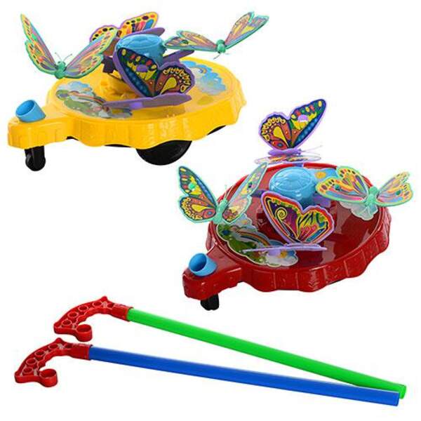 Каталка 358 (60шт) на палиці 43,5см, метелики (при русі обертаються), звук, 2кол, в кульку, 22-18-10 (шт.)