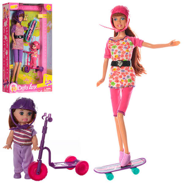 Кукла DEFA 8191 (24шт) 30см, с дочкой 10см, самокат, скейт, 2 вида, в кор-ке, 20-34,5-6см (шт.)