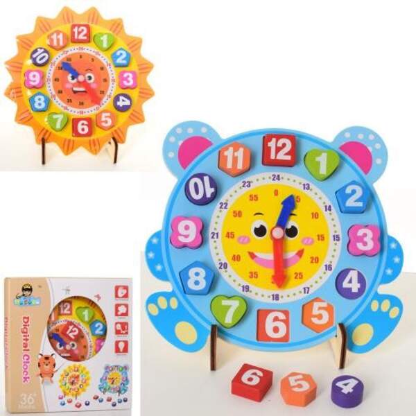 Деревянная игрушка Часы MD 2166 (40шт) цифры-вкладыш, 2вида, в кор-ке, 23-23-3см (шт.)
