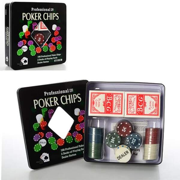Настільна гра 3896 A (18шт) покер, фішки, карти-2колоди, у кор-ці (метал), 20-20-5см (шт.)
