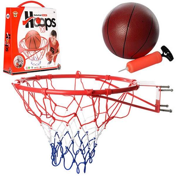 Баскетбольне кільце M 2654 (8шт) 45см(метал),сітка,м'яч гумовий 20см,насос,у кор-ці,45,5-53-11см (шт.)
