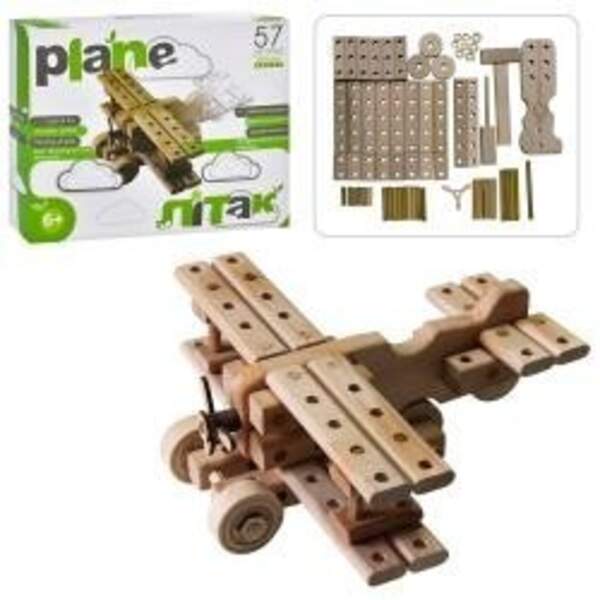 Дерев'яна іграшка Конструктор 01-105 (10шт) літак, молоток, блоки, 57дет, кор, 29,5-23,5-6,5см (шт.)