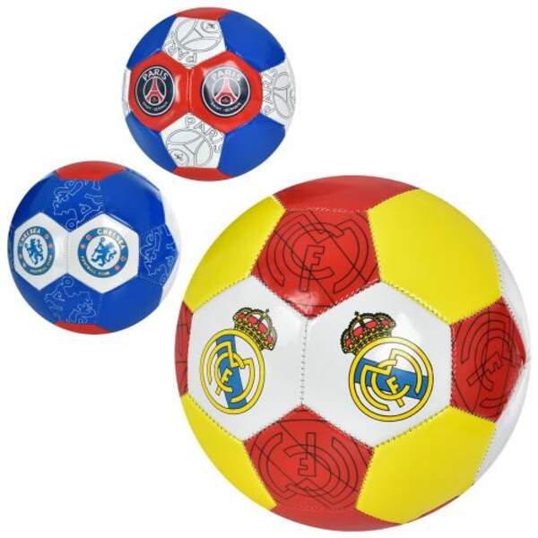 М'яч футбольний EV-3355 (30шт) розмір 5, ПВХ 1,8мм, 260-280г, 3 кольори, 3 види (клуби), у кульку (шт.)