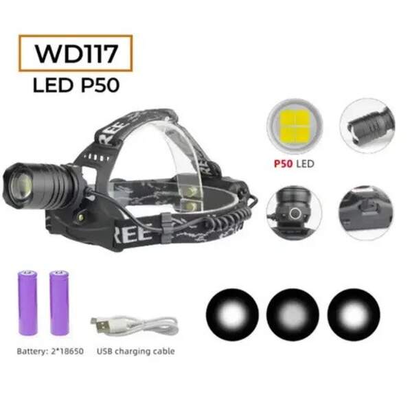 Ліхтарик налобний WD 117 P50 LED + Zoom + акумулятор/60 (шт.)