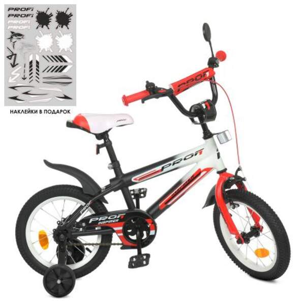 Велосипед дитячий PROF1 14д. Y14325-1 (1шт) Inspirer,SKD75,чорно-біло-червоний(мат),ліхтар,зв,дзерк (шт.)
