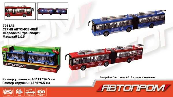 Іграшка тролейбус батар. 7951AB (18шт) "АВТОПРОМ",2 кольор.,світло,звук, у коробці 48*16,5*10,5см (шт.)