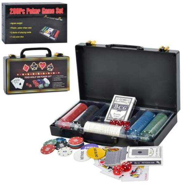 Настільна гра XQ12113 (12 шт) покер,200 фіш(з номін-4 вид,пласт),2к.карт, в валізі, в коробці, (шт.)