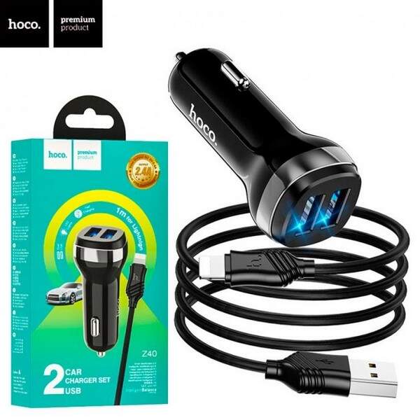 АЗП HOCO Z40 Superior dual port car charger+ Cable Lighting Black (шт.)