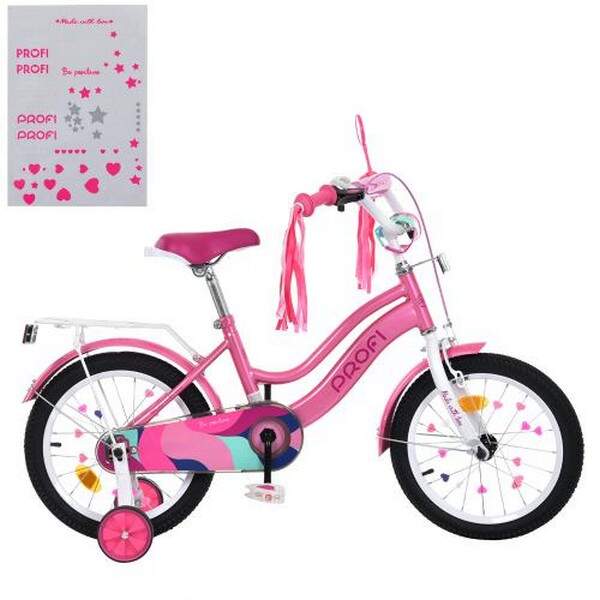 Велосипед дитячий PROF1 14д. MB 14051 (1шт) WAVE,SKD45,рожевий,дзвін.,ліхтар,багажник,дод.кол (шт.)