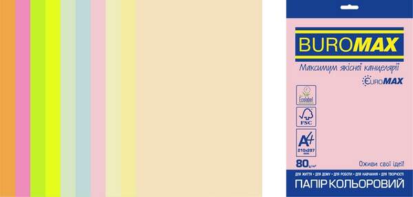 Папір кольоровий Euromax 80г/м2, PASTEL+NEON, 10кольорів, 20арк. BM.2721720E-99 (шт.)