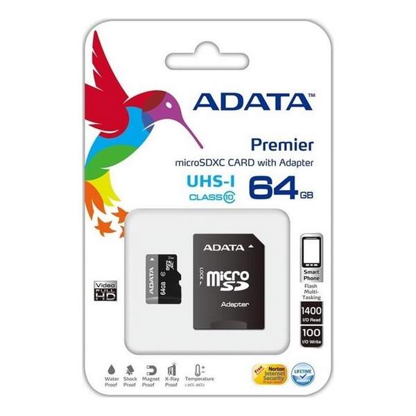 ADATA micro SDHC 64 GB UHS Class10 + adapter Premier (80Mb/s) (шт.)