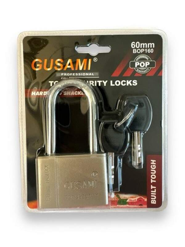 Замок №О-60L навісний метал. GUSAMI ДОВГИЙ з 3шт метал. ключами на аркуші 60мм. 12шт в упаковку (72) (шт.)