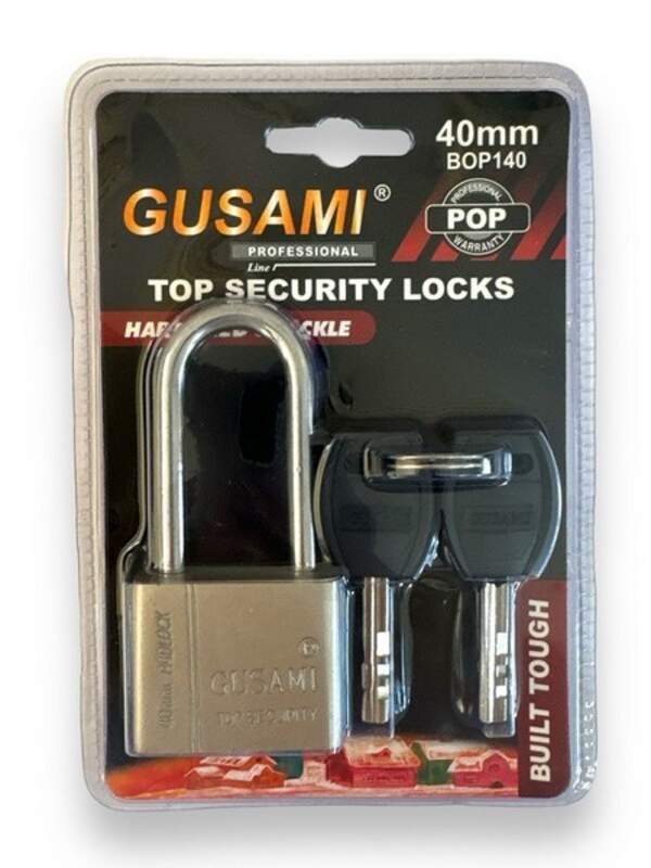 Замок №О-40L навісний метал. GUSAMI ДОВГИЙ з 3шт метал. ключами на аркуші 40мм. 12шт в упак (120) (шт.)