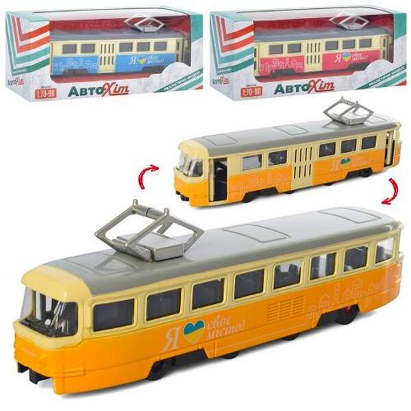 Трамвай M 5660 (60шт) метал,1:70, інер-й, 18,5 см, відкрив. двері, 3кол, в кор-ці, 19,5-7,5-5,5см (шт.)