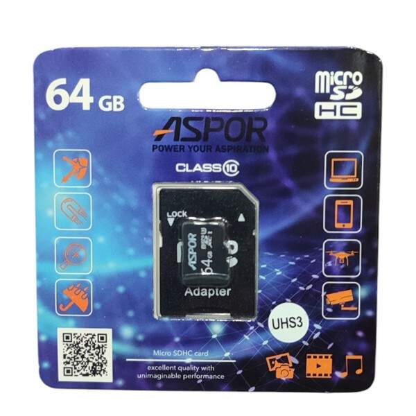 Карта пам`яті Aspor MicroSDHC 64GB UHS-3 (Class 10) + SD adapter (шт.)