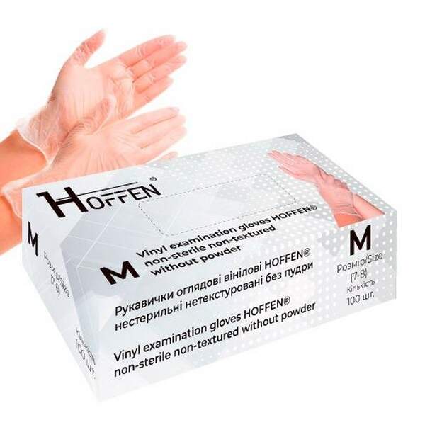 Рукавички вінілові M Hoffen 4.0г нестерильні нетекстуровані б/п 50пар/уп HFN-15402M (10уп) (шт.)