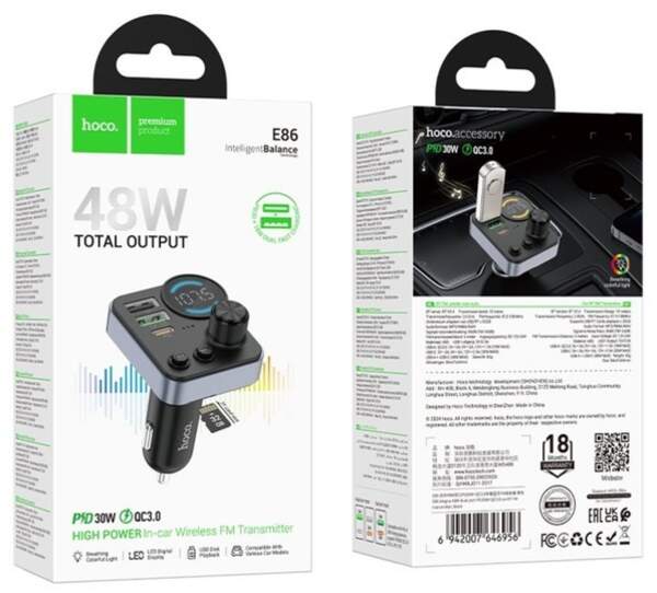 ФМ модулятор Hoco E86 Alegria 48W dual port PD30W+QC3.0 car BT FM transmitter Black (шт.)