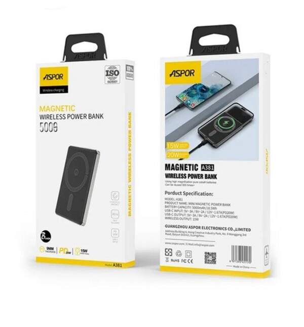Зовнішній акумулятор ASPOR A381 Магсейф PD 20W (5000mAh) сірий (шт)