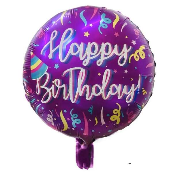 Фольгована кулька Коло Happy Birthday серпантин на фіолетовому18", ціна за уп.-10шт (14722) (шт)