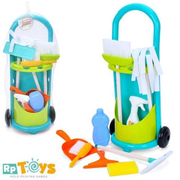 Набір для прибирання A55-23 (20шт) візок, 56-25-17см, відро, щітки, совок, флакон, швабра, в сітці, (шт)