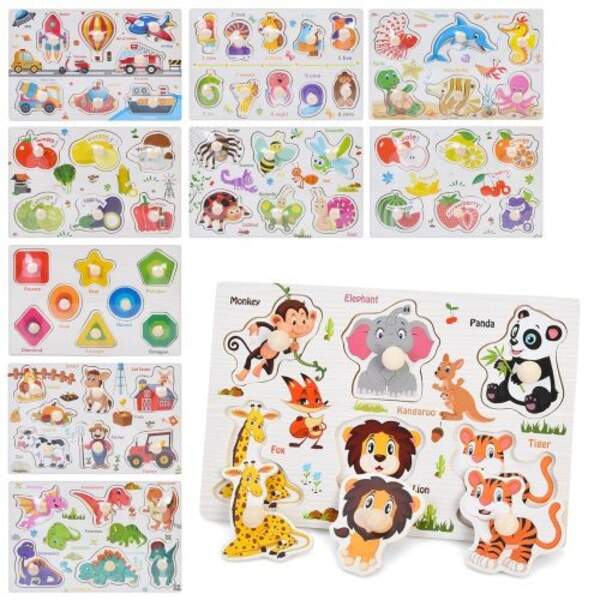 Дерев'яна іграшка Рамка-вкладиш MD 0774 (50шт) з ручкою, назви англ.,10 видів (цифри,тварини, фрукти (шт)