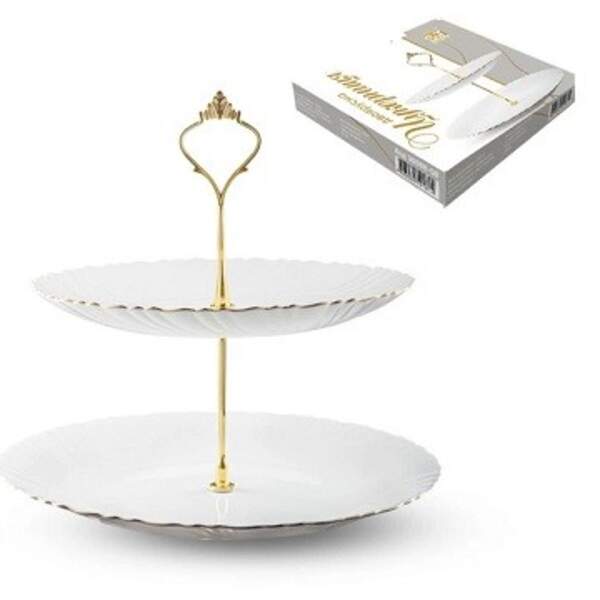 Цукерниця 2х ярусна біла (10',8') золотий кант 30088-00 (шт)