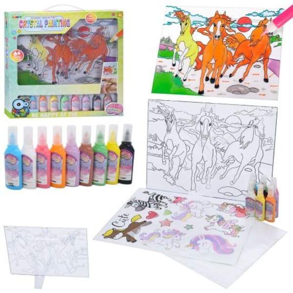 Набір для творчості 9034E (12шт) 2в1, Трійка коней/Три коні, розмальовка (пластик, 35,5-25см), карти (шт)