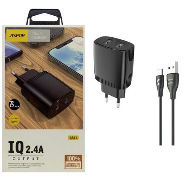 Пристрої побутові для заряджання акумуляторів мобільних телефонів Aspor A811 + кабель тайпсі чорний (шт)