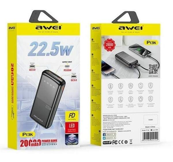 Моб. Зарядка POWER BANK AWEI P13K 22,5W 20000mah (40) 9610 (шт)