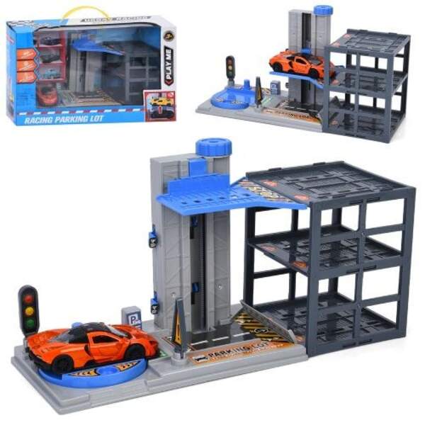 Гараж MH-1986 (12шт) 3 поверхи, 31-11-в16см, ліфт(заводний), машина(метал, 10см, інерційна, гумові к (шт)