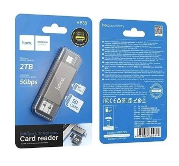 Кардрідер Hoco HB39 USB 3.0 /Type-C 3.0 High-Speed Card Reader 5Gbps SD/TF OTG/Type-C/metal gray (шт)