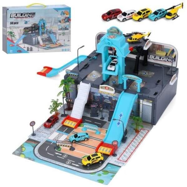 Гараж A245 (9шт) 62-64-в33см, ліфт(механічний), машинка 7см 4шт, вертоліт, дорожні знаки, дерева, 56 (шт)