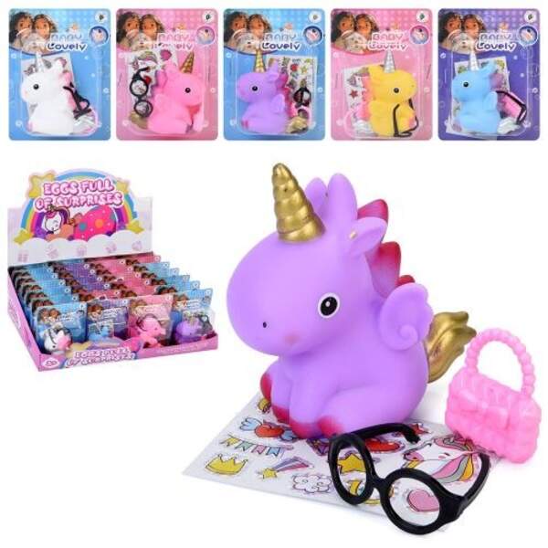 Конячка LD6038K7 (224шт) єдиноріг 6см, наліпки, окуляри, сумка, на листі, 28шт(мікс видів), в диспле (шт)