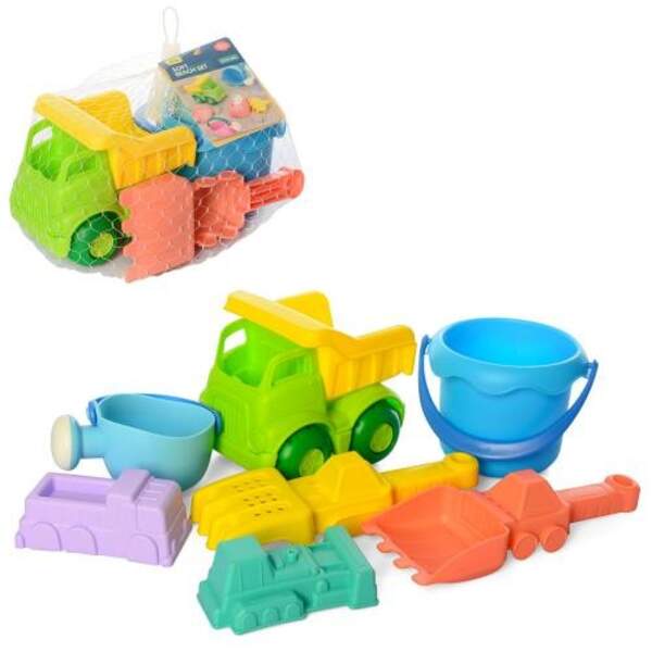 Набір для пісочниці HG-810 (36шт) відро, лійка, лопатка, граблі, формочки, в сітці, 25-18-17см (шт)